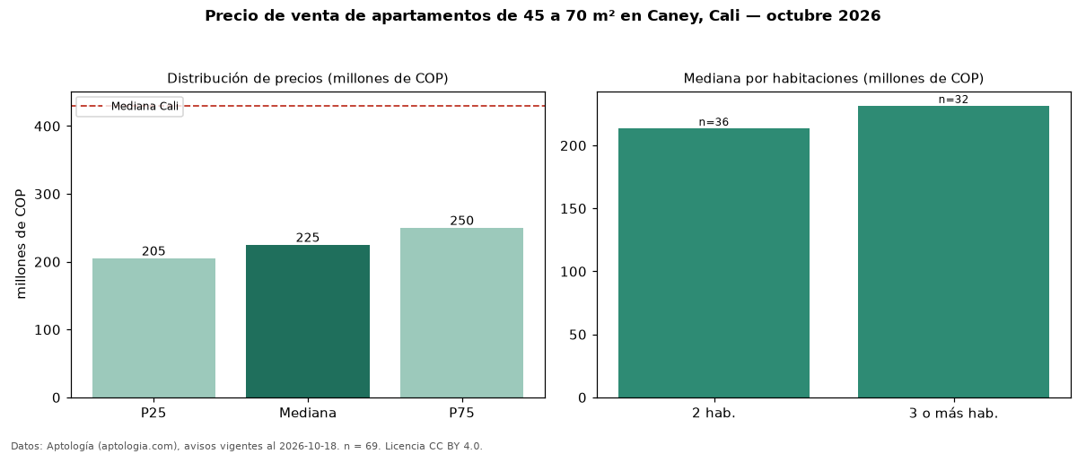 Precio de venta de apartamentos de 45 a 70 m² en Caney, Cali — octubre 2026