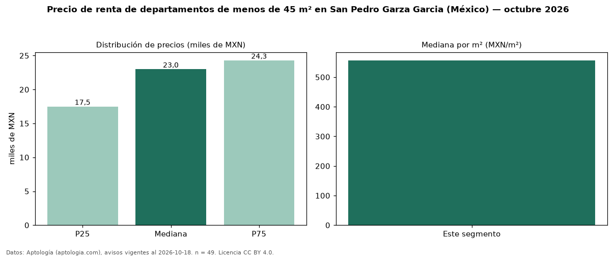 Precio de renta de departamentos de menos de 45 m² en San Pedro Garza Garcia (México) — octubre 2026