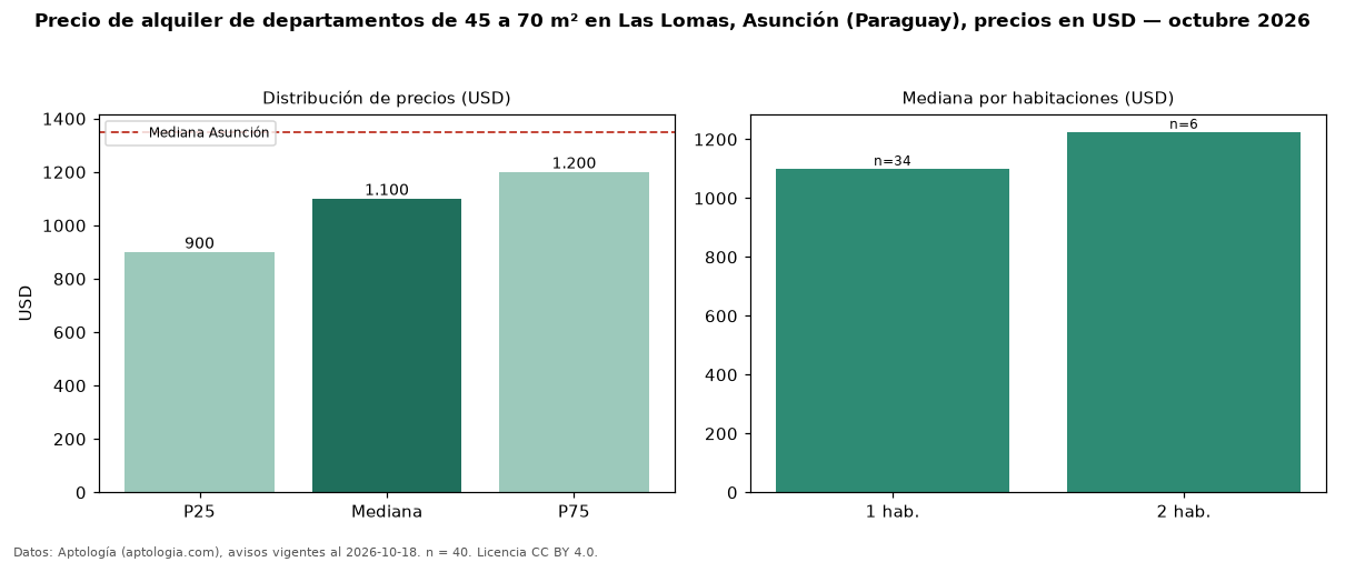 Precio de alquiler de departamentos de 45 a 70 m² en Las Lomas, Asunción (Paraguay), precios en USD — octubre 2026