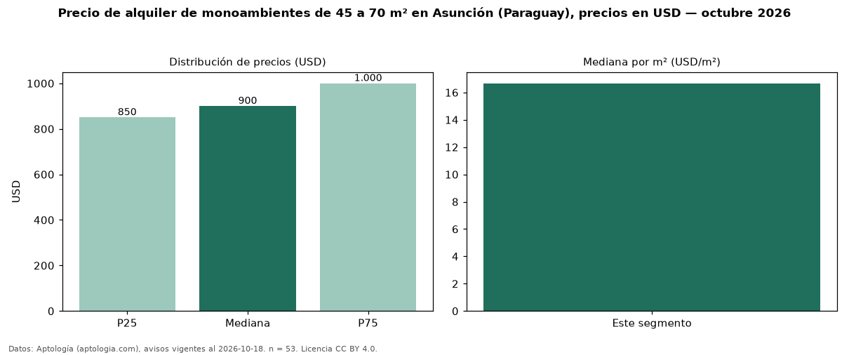 Precio de alquiler de monoambientes de 45 a 70 m² en Asunción (Paraguay), precios en USD — octubre 2026