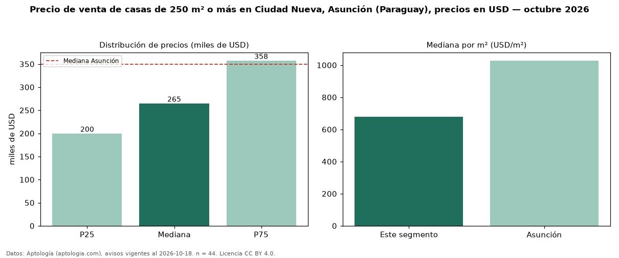 Precio de venta de casas de 250 m² o más en Ciudad Nueva, Asunción (Paraguay), precios en USD — octubre 2026