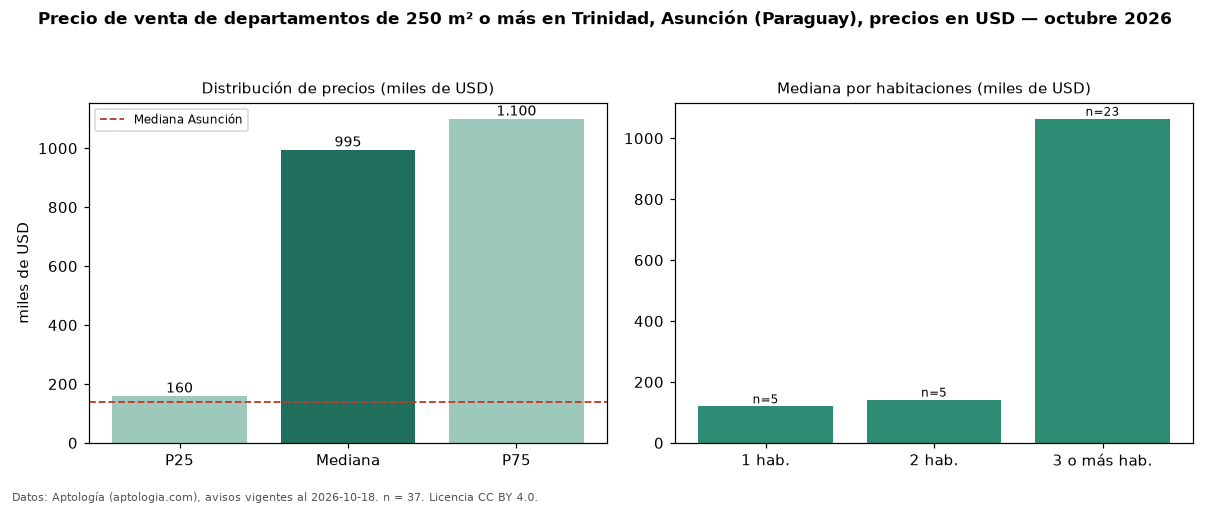 Precio de venta de departamentos de 250 m² o más en Trinidad, Asunción (Paraguay), precios en USD — octubre 2026