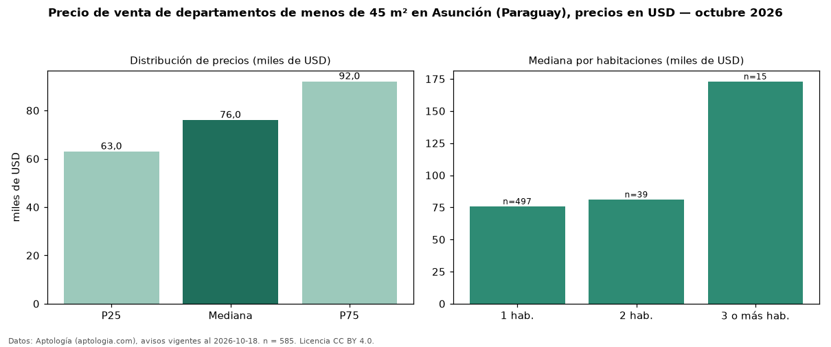 Precio de venta de departamentos de menos de 45 m² en Asunción (Paraguay), precios en USD — octubre 2026