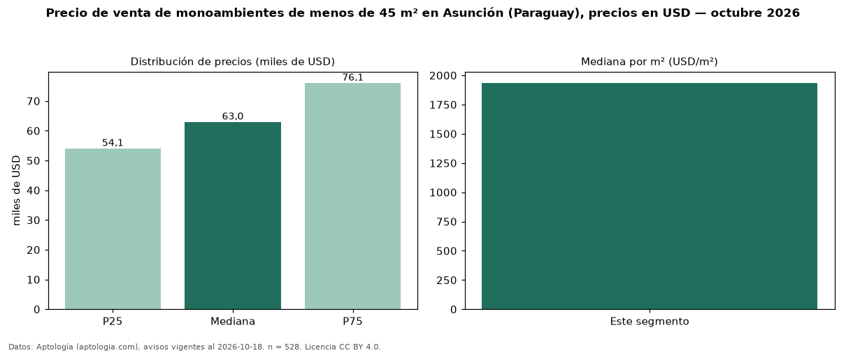 Precio de venta de monoambientes de menos de 45 m² en Asunción (Paraguay), precios en USD — octubre 2026