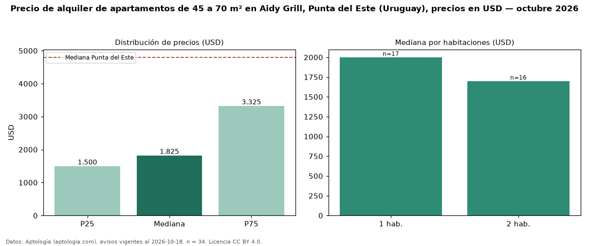 Precio de alquiler de apartamentos de 45 a 70 m² en Aidy Grill, Punta del Este (Uruguay), precios en USD — octubre 2026