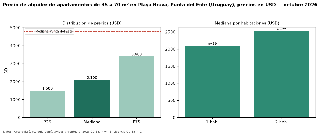 Precio de alquiler de apartamentos de 45 a 70 m² en Playa Brava, Punta del Este (Uruguay), precios en USD — octubre 2026