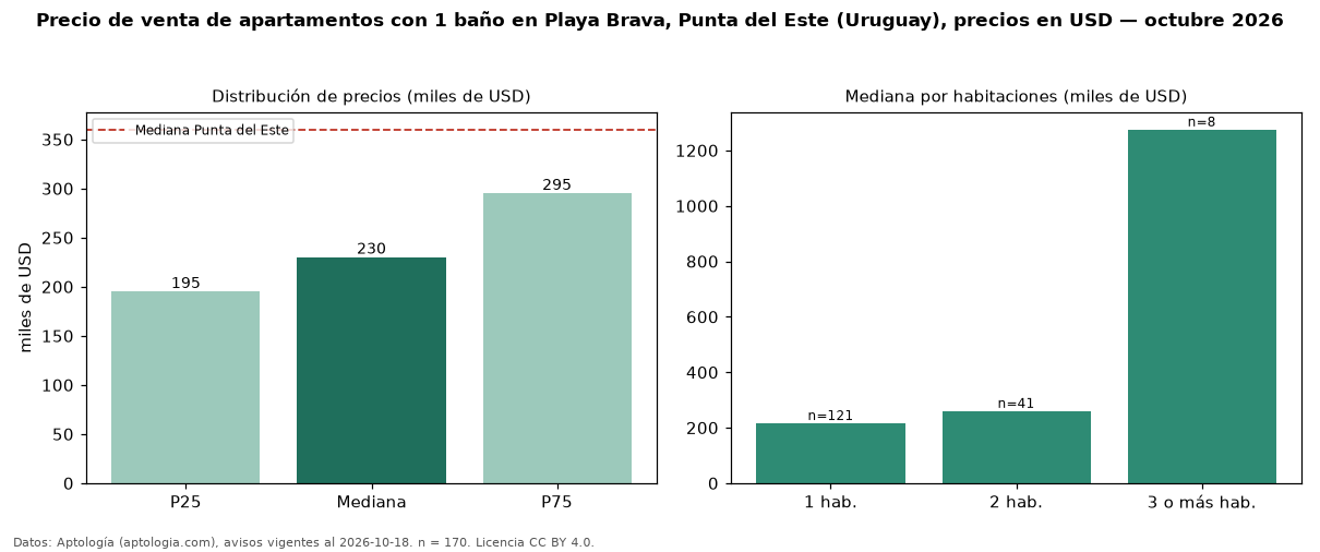 Precio de venta de apartamentos con 1 baño en Playa Brava, Punta del Este (Uruguay), precios en USD — octubre 2026