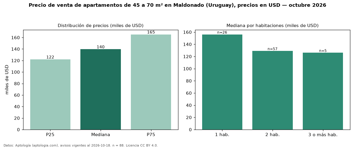 Precio de venta de apartamentos de 45 a 70 m² en Maldonado (Uruguay), precios en USD — octubre 2026