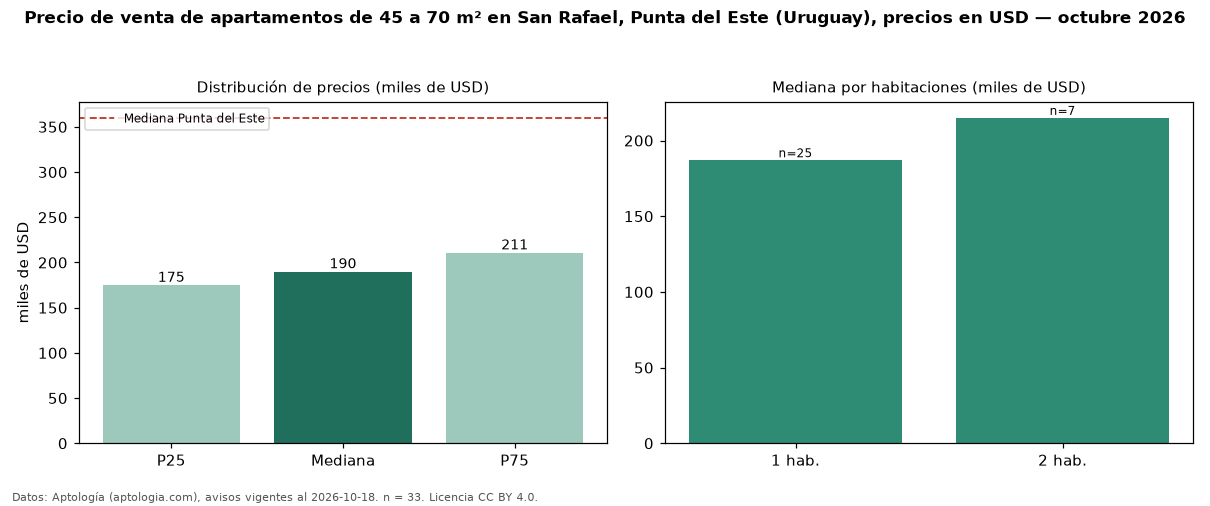 Precio de venta de apartamentos de 45 a 70 m² en San Rafael, Punta del Este (Uruguay), precios en USD — octubre 2026