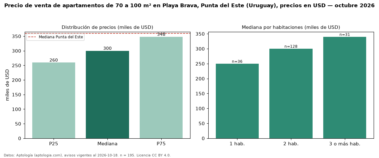 Precio de venta de apartamentos de 70 a 100 m² en Playa Brava, Punta del Este (Uruguay), precios en USD — octubre 2026
