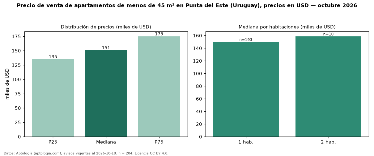Precio de venta de apartamentos de menos de 45 m² en Punta del Este (Uruguay), precios en USD — octubre 2026