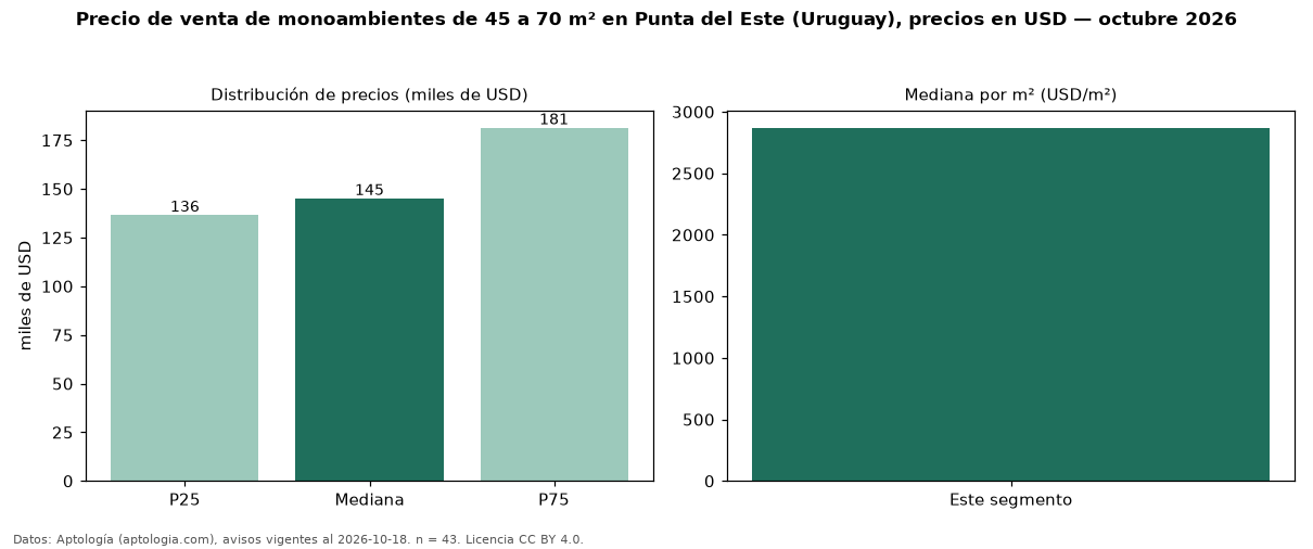 Precio de venta de monoambientes de 45 a 70 m² en Punta del Este (Uruguay), precios en USD — octubre 2026