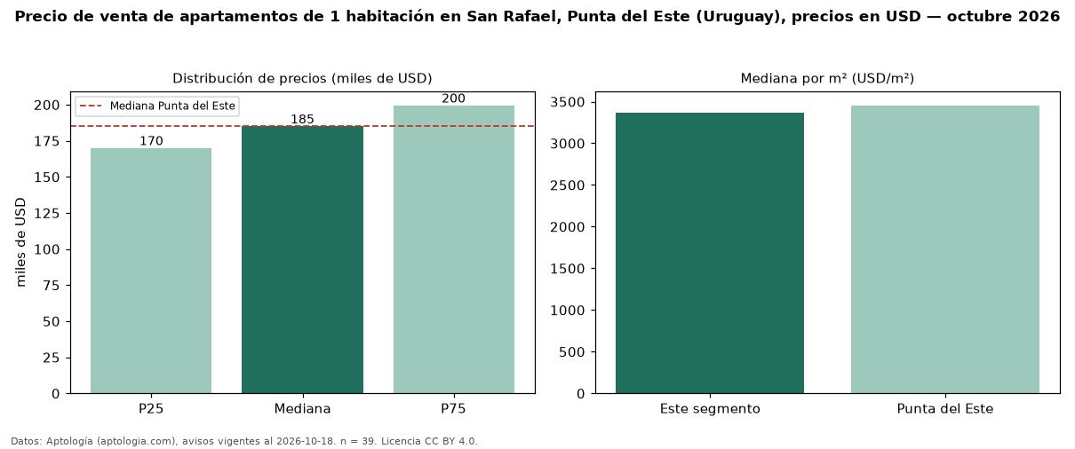 Precio de venta de apartamentos de 1 habitación en San Rafael, Punta del Este (Uruguay), precios en USD — octubre 2026