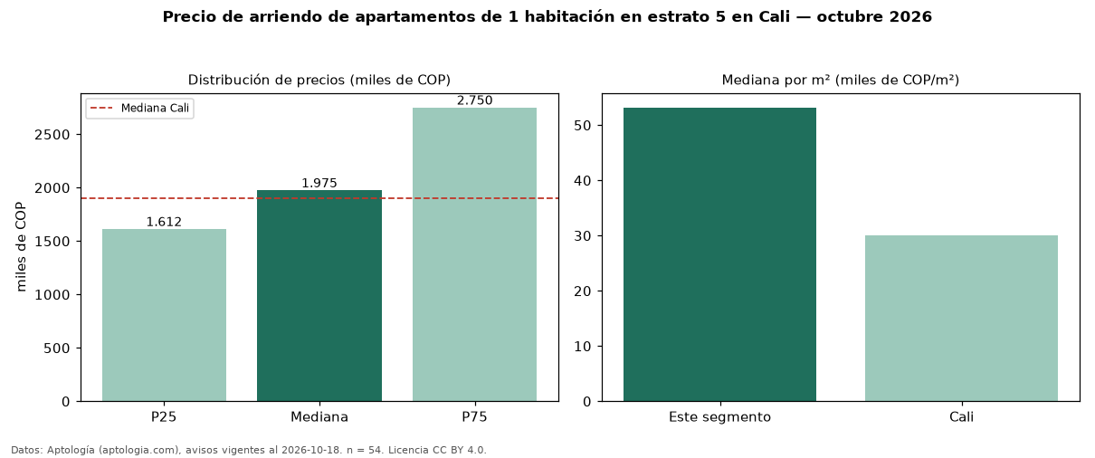Precio de arriendo de apartamentos de 1 habitación en estrato 5 en Cali — octubre 2026