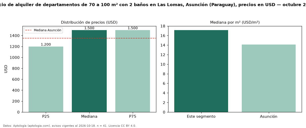 Precio de alquiler de departamentos de 70 a 100 m² con 2 baños en Las Lomas, Asunción (Paraguay), precios en USD — octubre 2026