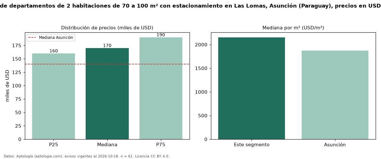 Precio de venta de departamentos de 2 habitaciones de 70 a 100 m² con estacionamiento en Las Lomas, Asunción (Paraguay), precios en USD — octubre 2026