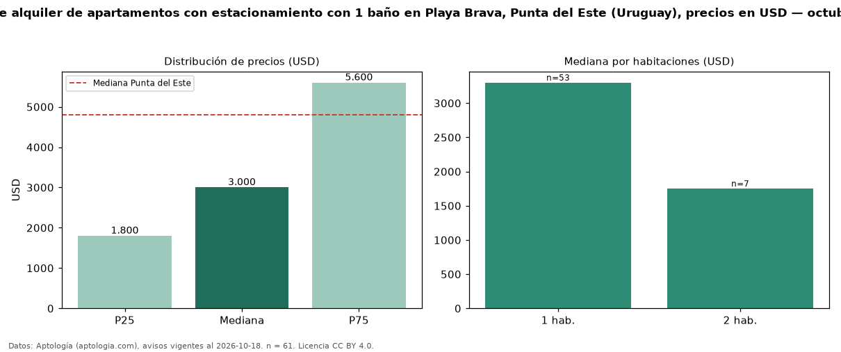 Precio de alquiler de apartamentos con estacionamiento con 1 baño en Playa Brava, Punta del Este (Uruguay), precios en USD — octubre 2026