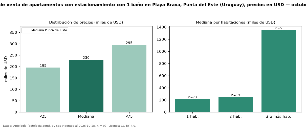Precio de venta de apartamentos con estacionamiento con 1 baño en Playa Brava, Punta del Este (Uruguay), precios en USD — octubre 2026