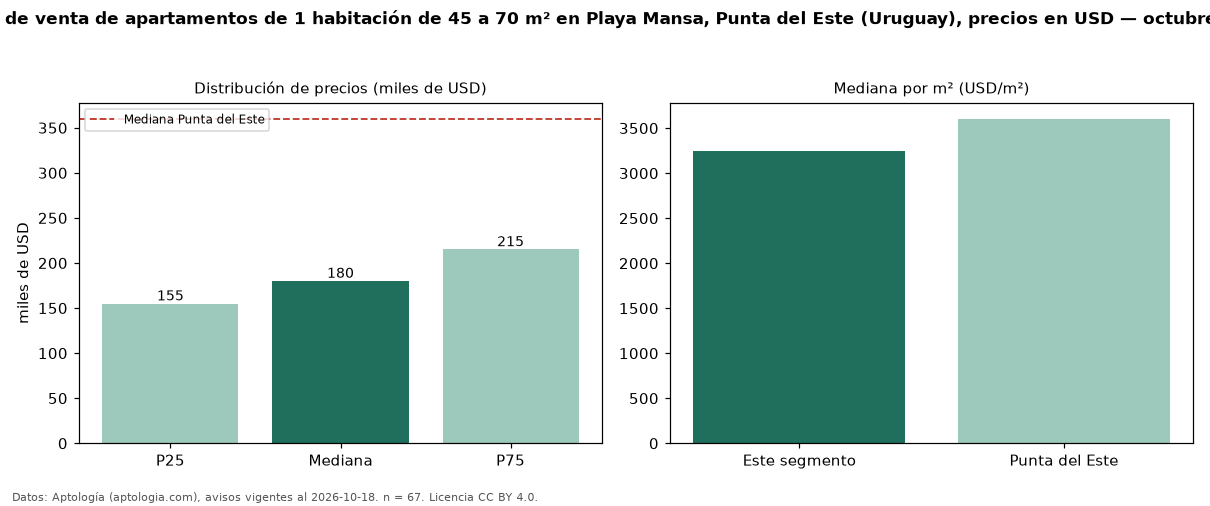 Precio de venta de apartamentos de 1 habitación de 45 a 70 m² en Playa Mansa, Punta del Este (Uruguay), precios en USD — octubre 2026