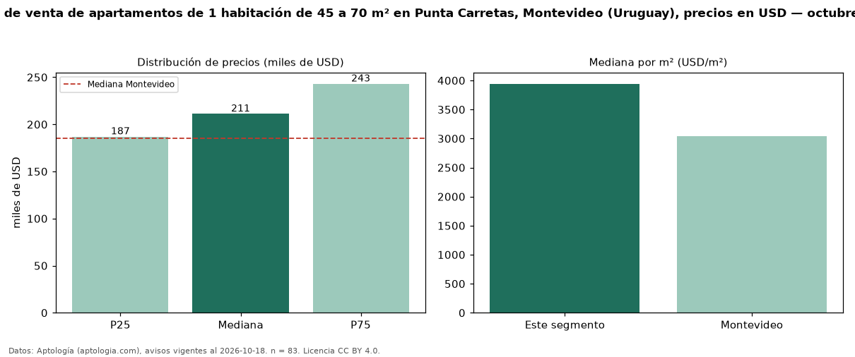 Precio de venta de apartamentos de 1 habitación de 45 a 70 m² en Punta Carretas, Montevideo (Uruguay), precios en USD — octubre 2026