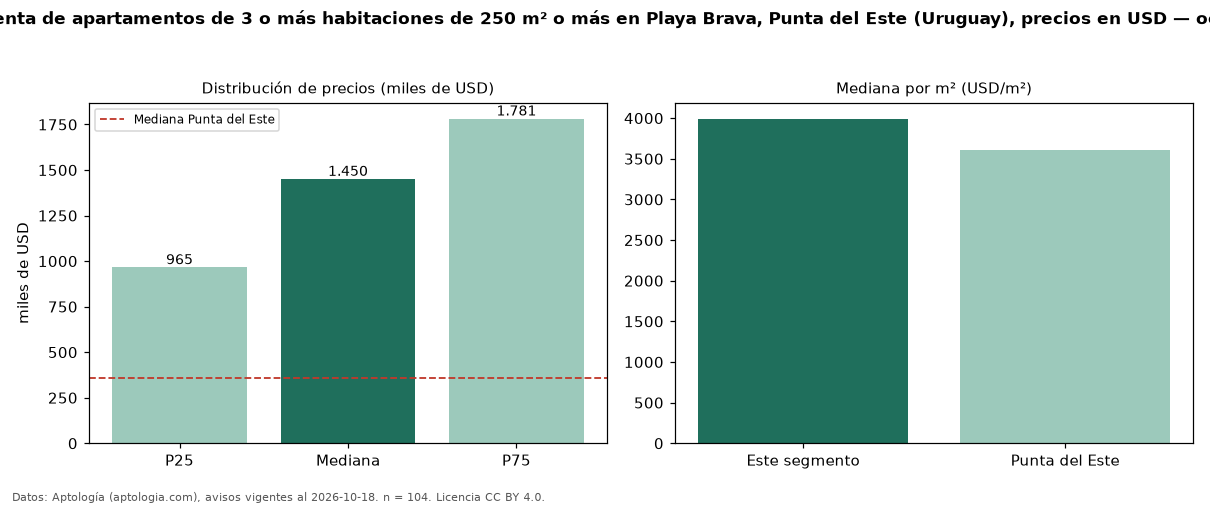 Precio de venta de apartamentos de 3 o más habitaciones de 250 m² o más en Playa Brava, Punta del Este (Uruguay), precios en USD — octubre 2026
