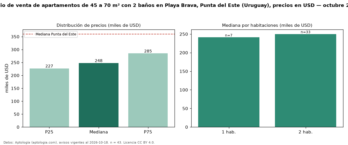 Precio de venta de apartamentos de 45 a 70 m² con 2 baños en Playa Brava, Punta del Este (Uruguay), precios en USD — octubre 2026