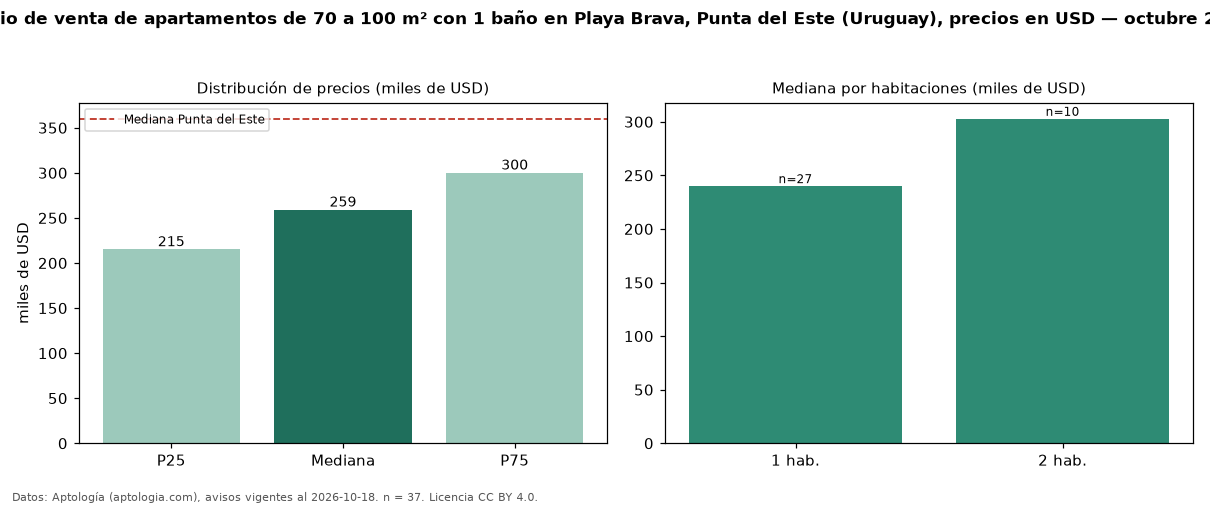 Precio de venta de apartamentos de 70 a 100 m² con 1 baño en Playa Brava, Punta del Este (Uruguay), precios en USD — octubre 2026